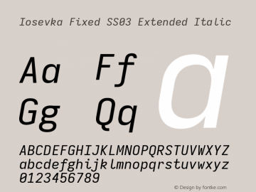 Iosevka Fixed SS03 Extended Italic Version 5.0.8; ttfautohint (v1.8.3) Font Sample