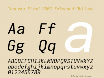 Iosevka Fixed SS03 Extended Oblique Version 5.0.8; ttfautohint (v1.8.3) Font Sample