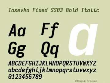 Iosevka Fixed SS03 Bold Italic Version 5.0.8; ttfautohint (v1.8.3) Font Sample