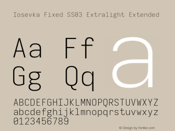 Iosevka Fixed SS03 Extralight Extended Version 5.0.8; ttfautohint (v1.8.3) Font Sample