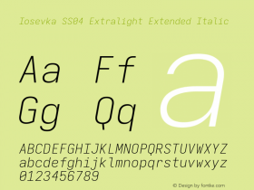 Iosevka SS04 Extralight Extended Italic Version 5.0.8; ttfautohint (v1.8.3) Font Sample