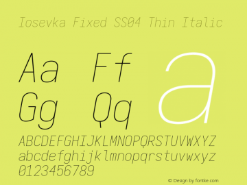 Iosevka Fixed SS04 Thin Italic Version 5.0.8; ttfautohint (v1.8.3) Font Sample