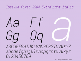 Iosevka Fixed SS04 Extralight Italic Version 5.0.8; ttfautohint (v1.8.3) Font Sample