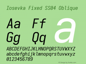 Iosevka Fixed SS04 Oblique Version 5.0.8; ttfautohint (v1.8.3) Font Sample
