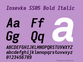 Iosevka SS05 Bold Italic Version 5.0.8; ttfautohint (v1.8.3) Font Sample