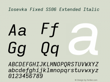 Iosevka Fixed SS06 Extended Italic Version 5.0.8; ttfautohint (v1.8.3) Font Sample