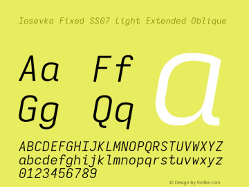 Iosevka Fixed SS07 Light Extended Oblique Version 5.0.8; ttfautohint (v1.8.3) Font Sample