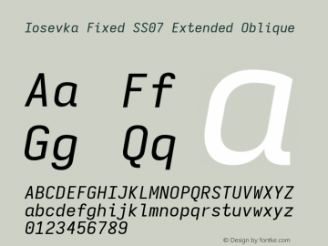 Iosevka Fixed SS07 Extended Oblique Version 5.0.8; ttfautohint (v1.8.3) Font Sample