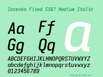 Iosevka Fixed SS07 Medium Italic Version 5.0.8; ttfautohint (v1.8.3) Font Sample