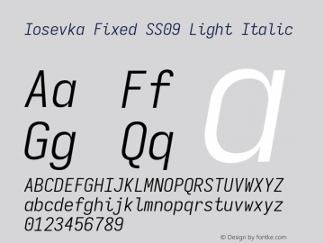 Iosevka Fixed SS09 Light Italic Version 5.0.8; ttfautohint (v1.8.3)图片样张