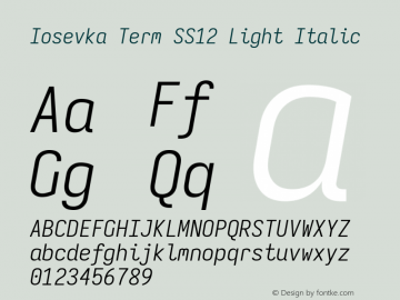 Iosevka Term SS12 Light Italic Version 5.0.8; ttfautohint (v1.8.3) Font Sample