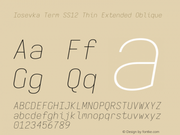 Iosevka Term SS12 Thin Extended Oblique Version 5.0.8; ttfautohint (v1.8.3) Font Sample