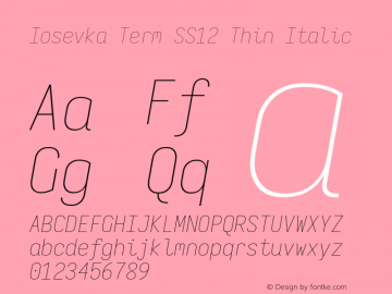 Iosevka Term SS12 Thin Italic Version 5.0.8; ttfautohint (v1.8.3) Font Sample