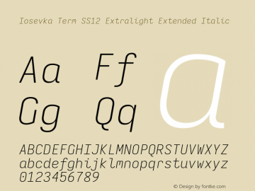 Iosevka Term SS12 Extralight Extended Italic Version 5.0.8; ttfautohint (v1.8.3) Font Sample
