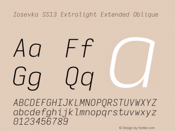 Iosevka SS13 Extralight Extended Oblique Version 5.0.8; ttfautohint (v1.8.3)图片样张