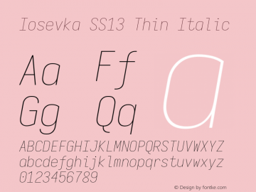 Iosevka SS13 Thin Italic Version 5.0.8; ttfautohint (v1.8.3)图片样张