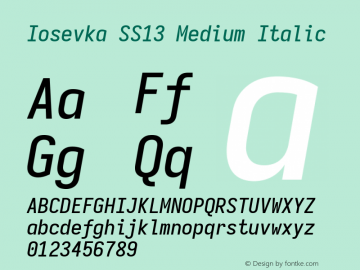 Iosevka SS13 Medium Italic Version 5.0.8; ttfautohint (v1.8.3)图片样张