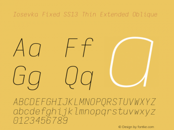 Iosevka Fixed SS13 Thin Extended Oblique Version 5.0.8; ttfautohint (v1.8.3) Font Sample