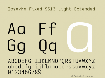 Iosevka Fixed SS13 Light Extended Version 5.0.8; ttfautohint (v1.8.3) Font Sample