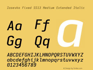Iosevka Fixed SS13 Medium Extended Italic Version 5.0.8; ttfautohint (v1.8.3) Font Sample