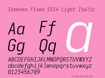 Iosevka Fixed SS14 Light Italic Version 5.0.8; ttfautohint (v1.8.3)图片样张