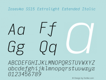 Iosevka SS15 Extralight Extended Italic Version 5.0.8; ttfautohint (v1.8.3) Font Sample