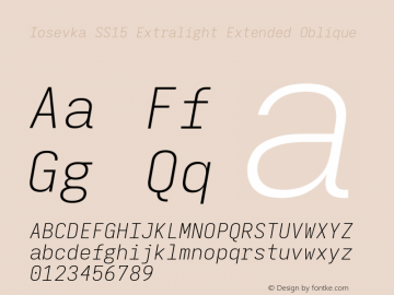 Iosevka SS15 Extralight Extended Oblique Version 5.0.8; ttfautohint (v1.8.3) Font Sample