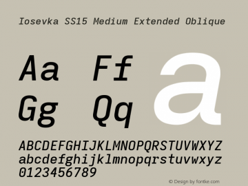 Iosevka SS15 Medium Extended Oblique Version 5.0.8; ttfautohint (v1.8.3) Font Sample