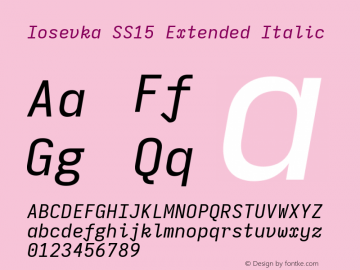 Iosevka SS15 Extended Italic Version 5.0.8; ttfautohint (v1.8.3) Font Sample