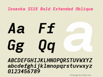 Iosevka SS15 Bold Extended Oblique Version 5.0.8; ttfautohint (v1.8.3) Font Sample