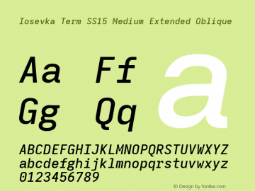 Iosevka Term SS15 Medium Extended Oblique Version 5.0.8; ttfautohint (v1.8.3) Font Sample