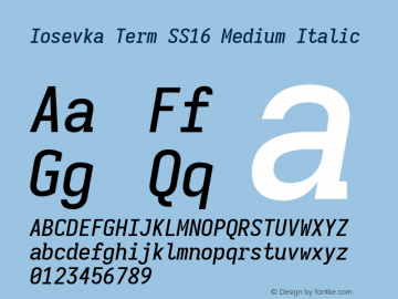 Iosevka Term SS16 Medium Italic Version 5.0.8; ttfautohint (v1.8.3)图片样张