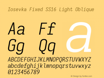 Iosevka Fixed SS16 Light Oblique Version 5.0.8; ttfautohint (v1.8.3)图片样张