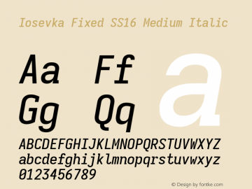 Iosevka Fixed SS16 Medium Italic Version 5.0.8; ttfautohint (v1.8.3)图片样张