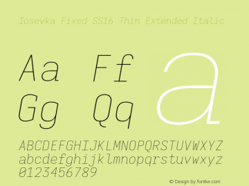 Iosevka Fixed SS16 Thin Extended Italic Version 5.0.8; ttfautohint (v1.8.3)图片样张