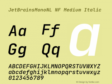 JetBrains Mono NL Medium Italic Nerd Font Complete Windows Compatible Version 2.225; ttfautohint (v1.8.3) Font Sample