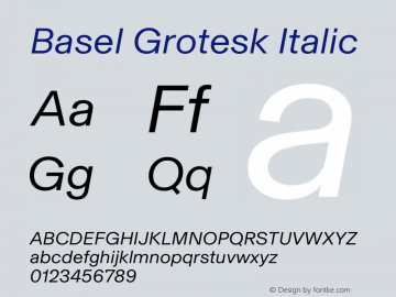 Basel Grotesk Italic Version 1.000; wf-rip Font Sample