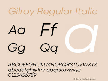 Gilroy-RegularItalic Version 1.000;PS 001.000;hotconv 1.0.88;makeotf.lib2.5.64775 Font Sample