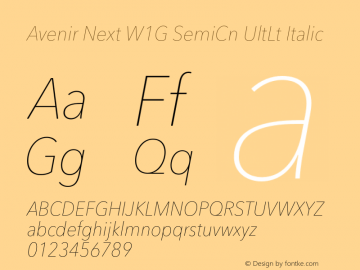Avenir Next W1G SemiCn UltLt It Version 1.00 Font Sample