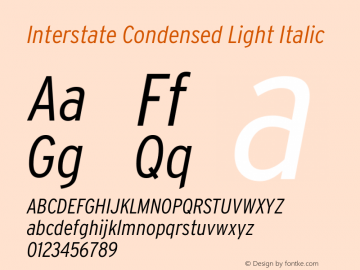 InterstateCondensed Light Italic Version 1.100;PS 1.001;hotconv 16.6.51;makeotf.lib2.5.65220;Latin+Cyrillic+Greek;recalibrated图片样张
