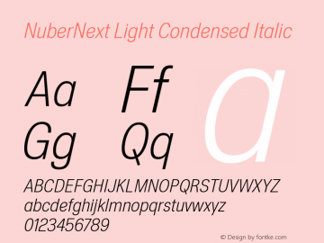 NuberNext Light Condensed Italic Version 001.002 February 2020 Font Sample