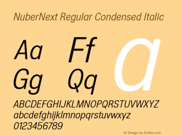 NuberNext Regular Condensed Italic Version 001.002 February 2020 Font Sample