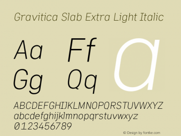 Gravitica Slab Extra Light Italic Version 1.000;hotconv 1.0.109;makeotfexe 2.5.65596 Font Sample