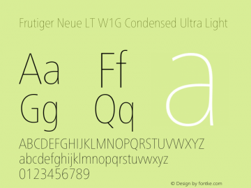 Frutiger Neue LT W1G Cn UltLt Version 1.10 Font Sample