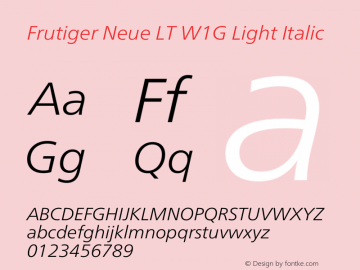 Frutiger Neue LT W1G Light Italic Version 1.10 Font Sample
