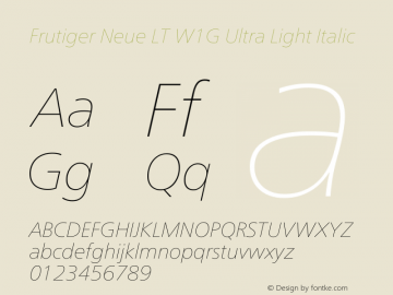 Frutiger Neue LT W1G UltLt Italic Version 1.10 Font Sample