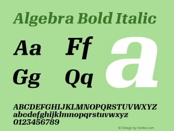Algebra Bold Italic Version 1.2; 2016 Font Sample