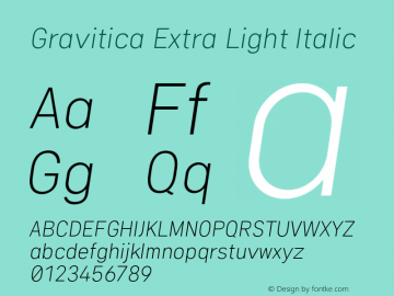 Gravitica Extra Light Italic Version 1.000;hotconv 1.0.109;makeotfexe 2.5.65596 Font Sample