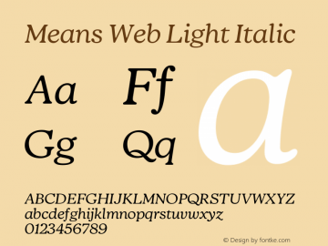 Means Web Light Italic Version 1.001;hotconv 1.0.109;makeotfexe 2.5.65596 Font Sample