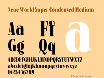 Neue World Super Condensed Medium Version 1.000;hotconv 1.0.109;makeotfexe 2.5.65596 Font Sample